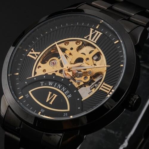 WINNER Fashion Design Black mechanical Watch Steel Automatic watch men black stainless steel band business Relogio Male