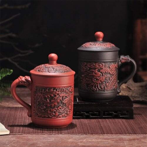 Purple Clay Yixing Retro Tea Mug with Lid Dragon and Phoenix Creative Ceramic Teacup Office Coffee Milk Mug Kung Fu Drinkware