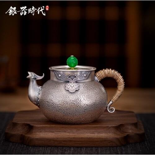 999 sterling silver teapot kettle mouth carve engraves to restore ancient ways god beast tea jade pick silver pot