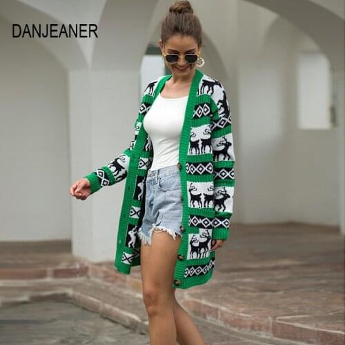 DANJEANER 2020 Winter Warm Knitwear Christmas Coats Women Mid Length Sweater Jacket Single Breasted Casual Cardigan with Pockets