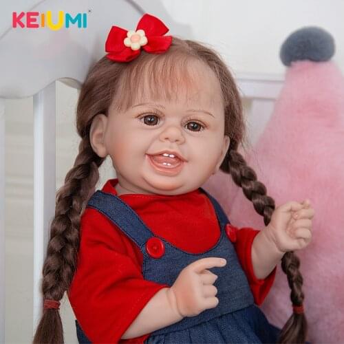 KEIUMI 22 Inch Happy Smile Two Long Twist Braids Reborn Baby Doll Red Top Denim Suspender Skirt Fast Delivery Baby Girl