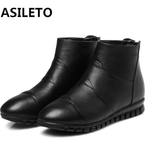 Leather Shoes Zipper ASILETO Womens Autumn Boots Genuine Leather Design Female Ankle Boot Leisure Footwear luxury brand Solid