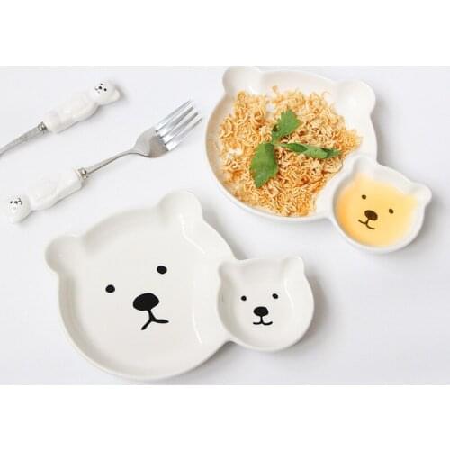 Creative Cute Cartoon Grid Plate Small Bear Plate Baby Childrens Dinner Tableware Animal Dumpling Plate with Dipping Saucer
