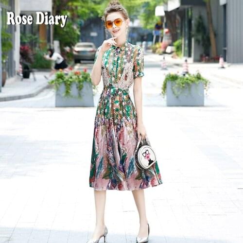 RoseDiary Summer Clothes Sash Bow Collar Short Sleeve Dress Vintage V-neck Pleated Midi Print Star office style Dress Vestidos