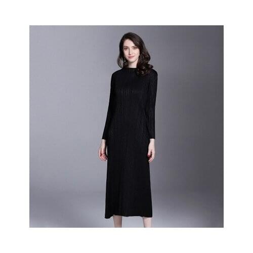 HOT SELLING Miyake fashion wrist sleeve fold solid stand office lady long dress IN STOCK