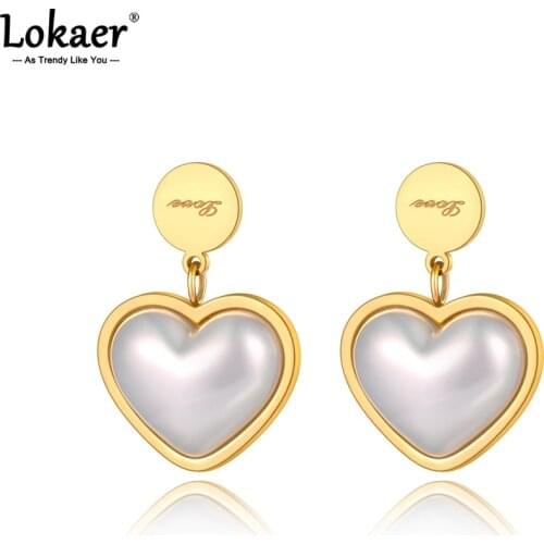 Lokaer Office Style Stainless Steel White Pearl Heart Earrings For Women Girls Trendy Wedding Earrings Jewelry kolczyki E21050