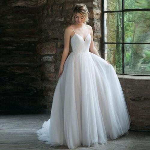 2020 New Sleeveless Tulle V-neck Sweep Train Floor-length Zipper Beach Tank Simple Wedding Dress Beading Vestido De Noiva China