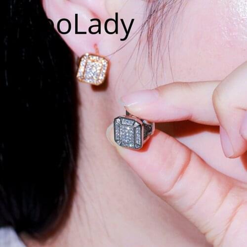 QooLady Classic Micro Full Pave White Cubic Zirconia Cute Square Shape Stud Earrings Women Costume CZ Jewelry Accessories E246