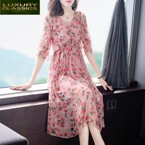 Spring Summer 2021 New Real Silk Dress Women Vintage Floral Beach Boho Long Dresses Elegant Pink Boho Party Vestidos 8976