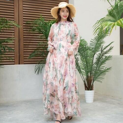 Colorful Floral Printed Chiffon Long Maxi Dress Free and loose Beach Wedding Long Flowy Dress Long Sleeve vacation Sundress Plus