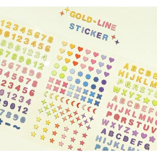 2sheets/pack Numbers&Letters Gold Line Sticker Rainbow Color Golden Edge Stars Heart Moon Shape Bullet Journal Planner Stickers
