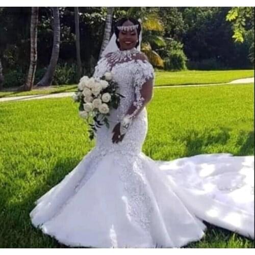 New Arrival Nigerian African Long Sleeves Wedding Dress Mermaid Appliques Garden Country Church Bride Bridal Gown Plus Size