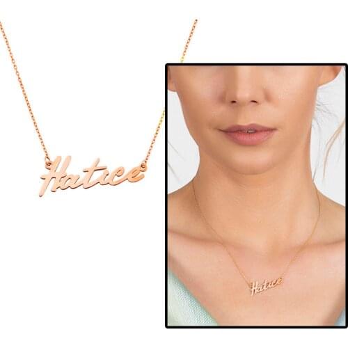 Tesbihane Horizontal Design Personalized Name Written Rose Color 925 Sterling Silver Lady Necklace