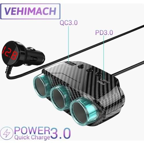 12V/24V Universal Car Charger QC3.0+PD3.0 2 USB Fast Charging 3 Cigarette Lighter Sockets Splitter Power Adapter with Voltmeter