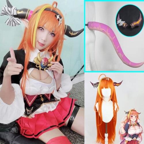 VTuber Kiryuu Coco Wig Hololive Cosplay Girls Orange Mixed Yellow 90cm Long Braided Hair Synthetic Hair Kawaii Tail headdress