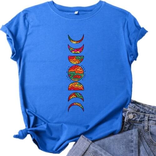 MK Colorful Moon Phase Printed Tshirts Pure Cotton Round Collar Short-Sleeved T-Shirts Casual Oversized Pullover S-XXL Tops Tees