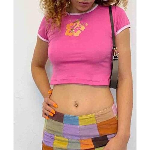 Hot Kf-Cute Cropped Baby Tee Y2K Fashion Floral Print Kawaii Streetwear Tops Contrast O Neck Short Sleeve Women T Shirts
