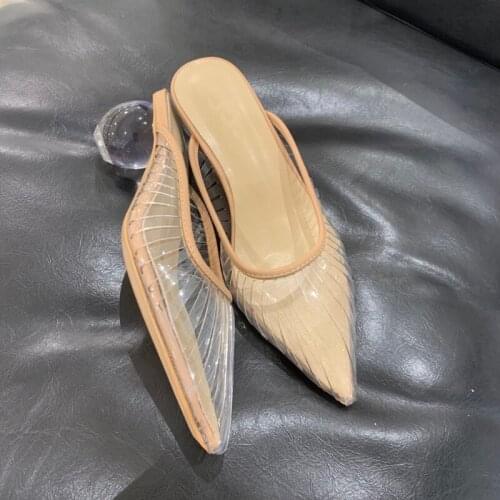 2021 New Pointed Half Slippers Female Transparent Mid-heel Hollow One-foot Fashion Toe Mules