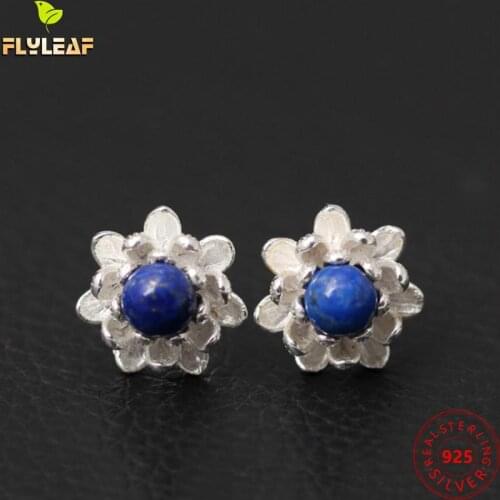 925 Sterling Silver Lapis Lazuli Lotus Flowers Stud Earrings For Women Elegant Lady Prevent Allergy Sterling-silver-jewelry