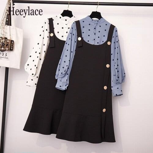 Plus size autumn women two piece set korean office ladies full sleeve polka dot blouse and spaghetti straps dress women sets