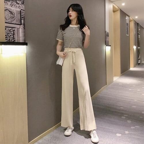 Knitted Striped Summer T-Shirts + Elastic Waist Wide Leg Pants Set Casual Two Piece Set Office Matching Set Lady Tracksuit X328