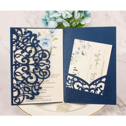10pcs/lot pocketfold cards Laser Cut pearl paper Wedding invitation Card three folded Greeting cover for party supplies