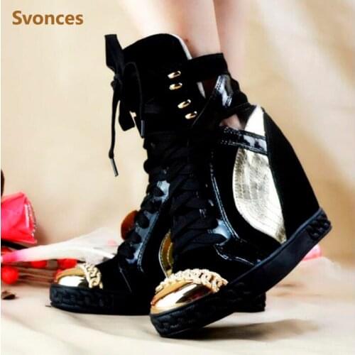 New Casual Woman Boots Height Increasing Zipper Nubuck Leather Shoes Women Fashion Black Hollow Platform Womens Wedge Botas