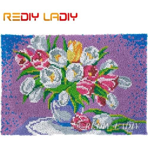 Latch Hook Kits Tulips with Vase Chunky Yarn Embroidery Crochet Tapestry Kits Needlework Arts & Crafts DIY Carpet Rug 85*58cm