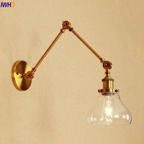 IWHD Golden Long Arm Wall Lights Fixtures Glass Bedroom Vintage Wall Lamp LED Edison Loft Style Industrial Luminaire Lighting