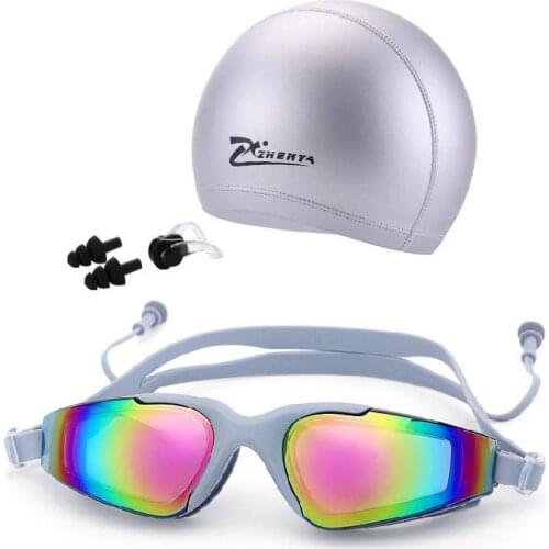 Adults Swim Eyewear Cap Ear Plug Nose Clip Set Professional Sports Diving Goggles Colorful Anti-fog waterproof Swimmming Glasses
