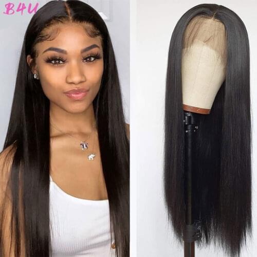 B4U Straight Hair Lace Front Human Hair Wig 13X4 Transparent Lace Frontal Wigs Pre Plucked Brazilian Straight Lace Closure Wig