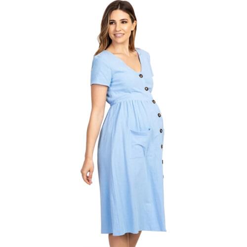 Button Pocket Maternity Dresses Pregnant Women Office Casual Clothes Cotton Summer Female Plus Size Pregnancy Dress Graduation