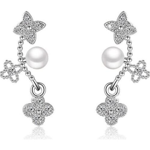 Luxury Design Fashion Earring For Women White Cubic Zircon Crystal Stud Earring Unique Design Pearl Ear Stud Jewelry