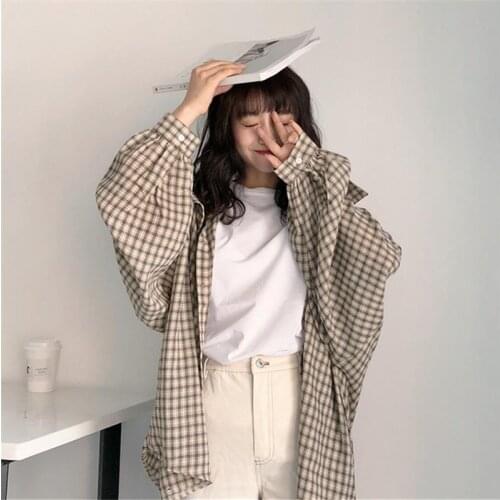 Shirts Women Kawaii Simple Casual Plaid Loose Korean Daily All-match Harajuku Cute Student Clothing Fashion Vintage Blouse Coat