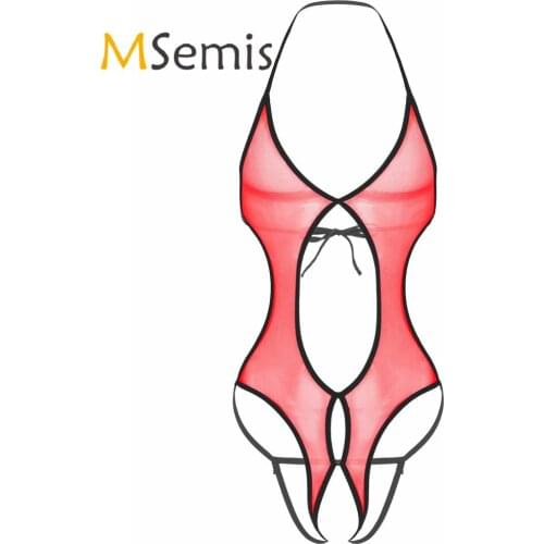 Men Sexy See Through Bodysuit Underwear Mesh Halter Neck Lace-up Lingerie Crotchless Sexy Costume Gay Male Open Crotch Nightwear