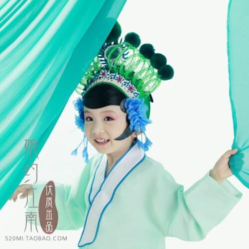 Shi Ling Green Version Opera Style Improved Hair Tiaras and Costume for Girl and Women Hanfu Costume Stage Performance Wear