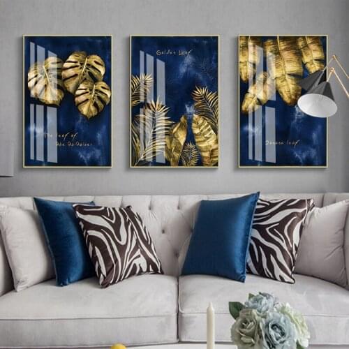 Nordic canvas painting golden leaf wall pictures for living room posters and prints nature wall art decor painting pictures