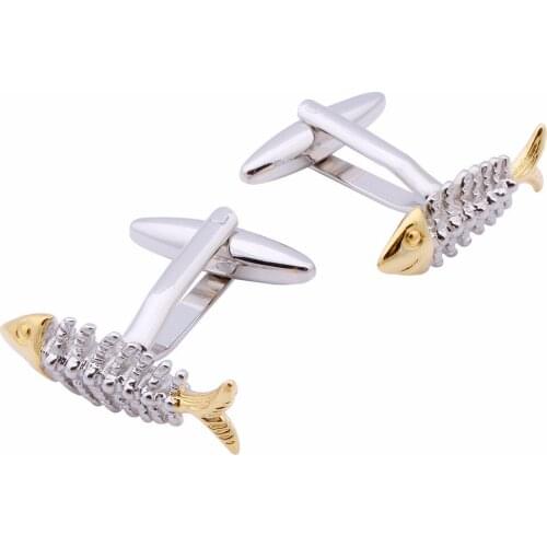 Vivid Fish Cufflinks Metal Gold Color Bone Cuff links for Men Suit Shirt Party Accessory Free gift Box