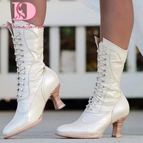 DoraTasia Big Size 35-43 Female Mid Calf Boots Pointed Toe Cross Tied Thick High Heels Boots Women Retro Autumn Shoes Woman