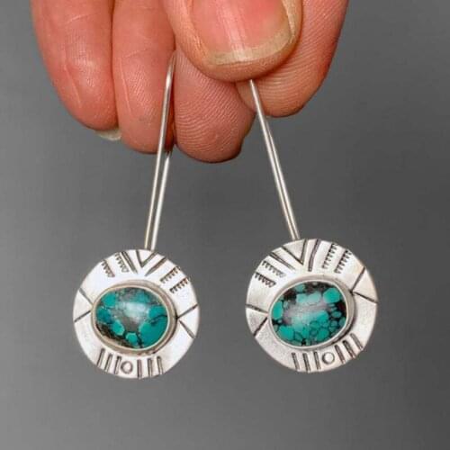 Female fashion Mint turquoise and Turquoise Pendants embossed Earrings Minimalist 925 Silver Pendant threaded Earrings wholesale