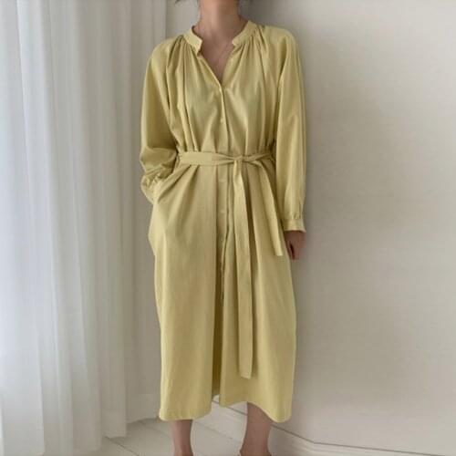 2021 Fashion Spring European Style Shirt Long Dress Long Sleeve Pockets Elegant Loose Yellow Dresses Robe Femme Vestidos Clothes