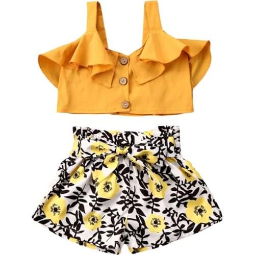 2-6Years Summer Casual Kids Baby Girls Clothes Sets Ruffles Floral Button Sleeveless Vest+Flowers Shorts 2pcs Toddler Outfits