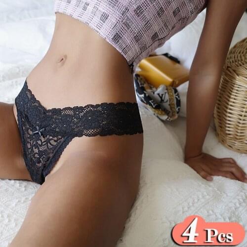 4Pcs/Lot Women Lace Panties Sex String Seamless Briefs Sexy Transparent Underwear Hollow Out Underpants Thongs Fashion Set