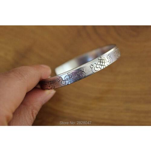 BR037 Ethnic Tibetan Silver Eight Auspicious Signs 8mm Wide Open Cuff Bangle Bracelets for Women