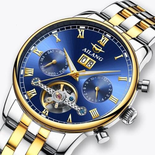 AILANG New Luminous Mens Business 30M Waterproof Automatic Mechanical Calendar Moon Phases Stainless Steel Strap Watches 8823B