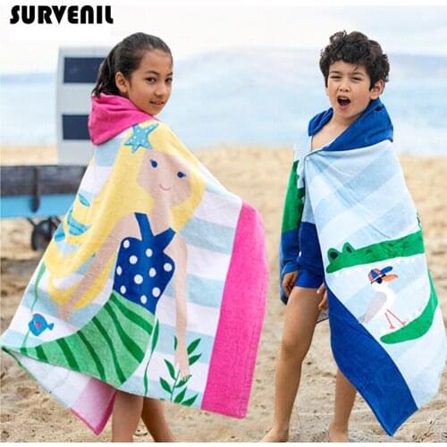 Baby Poncho Towel Cotton Hooded Surf Pool Towel Cartoon Child Bathrobe Kids Beach Changing Bath Robe Fast Dry Travel Beach Sport