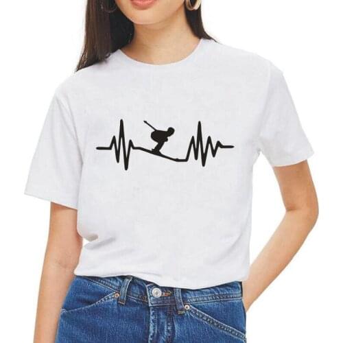 Skier T-shirts Winter Sports Ski Slope Tee Shirt Femme Funny Ski Heartbeat T Shirt Women Tops Go Skiing Casual Camisas De Mujer