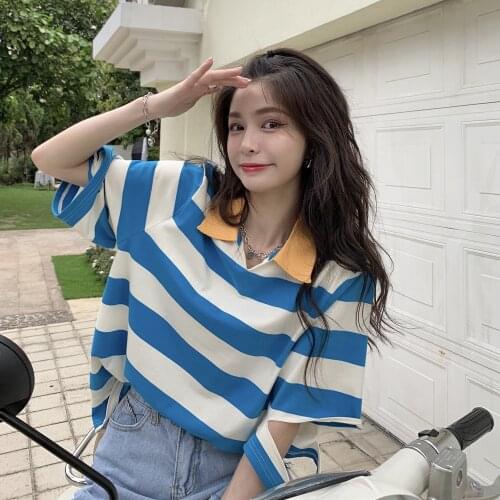Summer new loose mid-length stripe hit color short-sleeved polo shirt tops wild college style T-shirt women