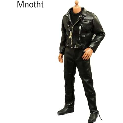 Mnotht 1/6 Male Solider locomotive Leather clothing Black Jacket + Pant +Belt Fit 30cm High Male Body For 12in Action Figure l3