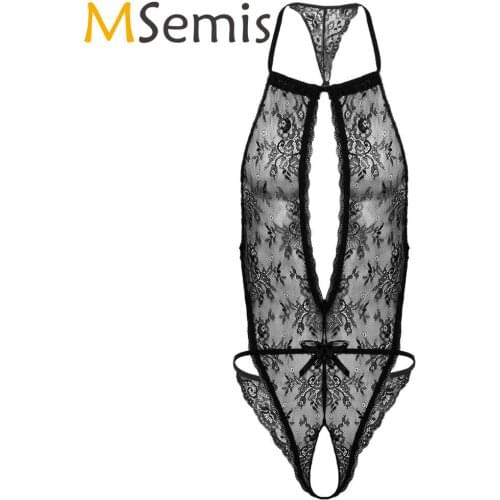 MSemis Sexy Men T-back Thong Bodysuit Gay Sissy See Through Lace Lingerie Halter Neck Open Crotch Catsuit Nightwear Sleepwear
